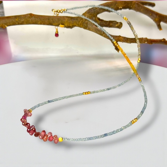 Natural Tourmaline Sapphire Convertible Necklace Wrap Bracelet Solid 14k Gold - Picture 10 of 12